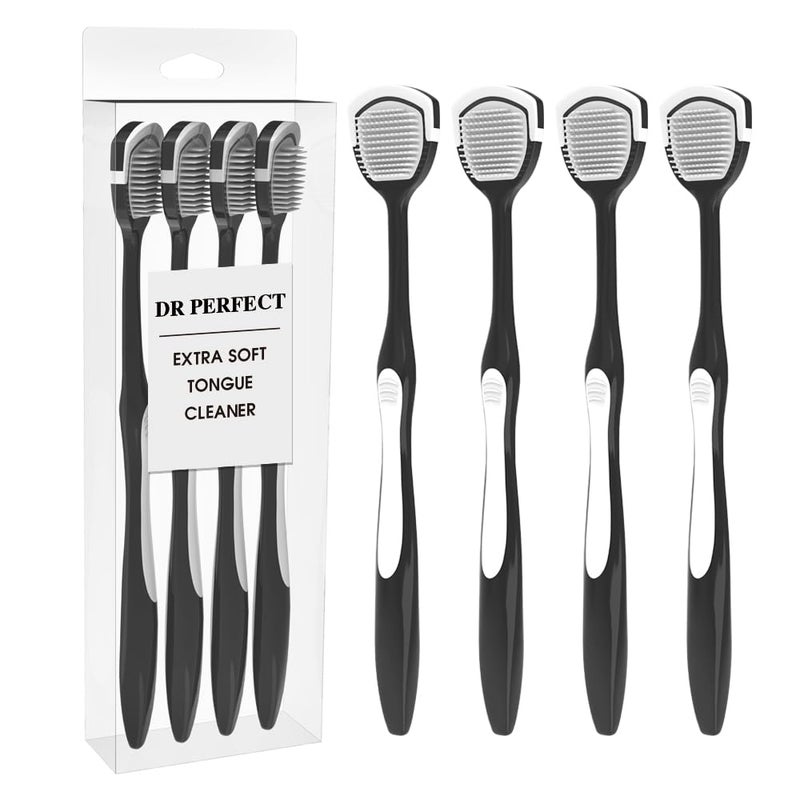 Drperfect Soft Tongue Brush Scraper Cleaner Helps Fight Bad Breath Clean Your Tongue Without Hurt Pack Of 4 (Black) - Image 1